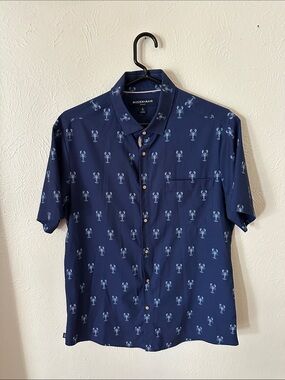 Mizzen+Main Navy Short-Sleeve Lobster-Pattern Button-Down Shirt